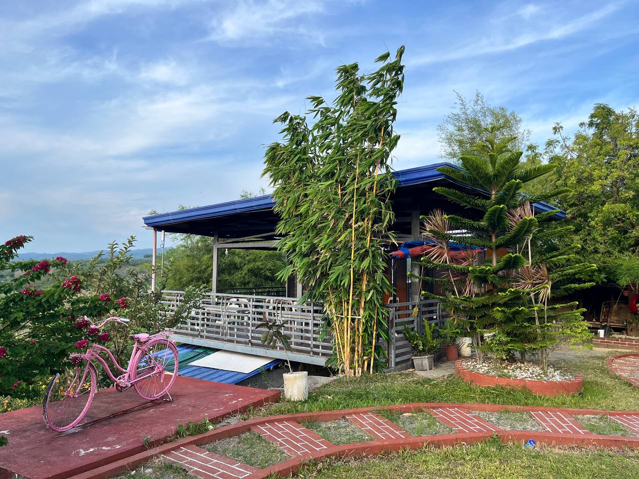 The blue-roofed terrace among bamboo and pine trees